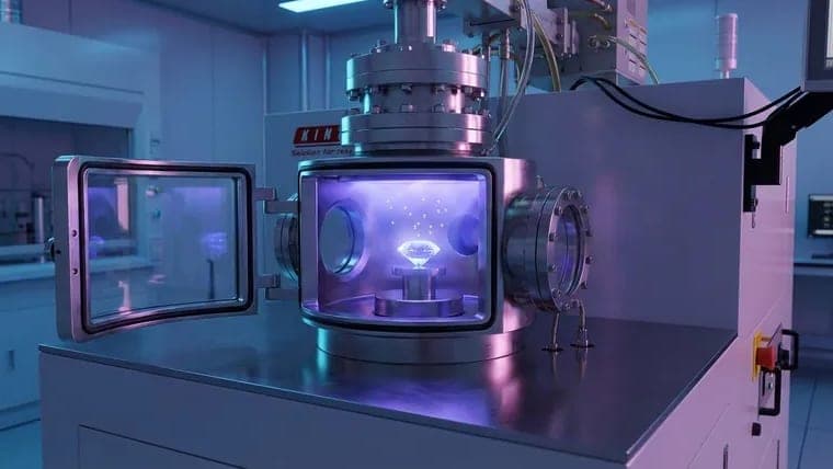 A diamond growth reactor with its chamber lit by carbon plasma